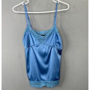 Moda International Y2K Tank Top Babydoll Cami M Blue Satin Lace Beaded Fairy 90s